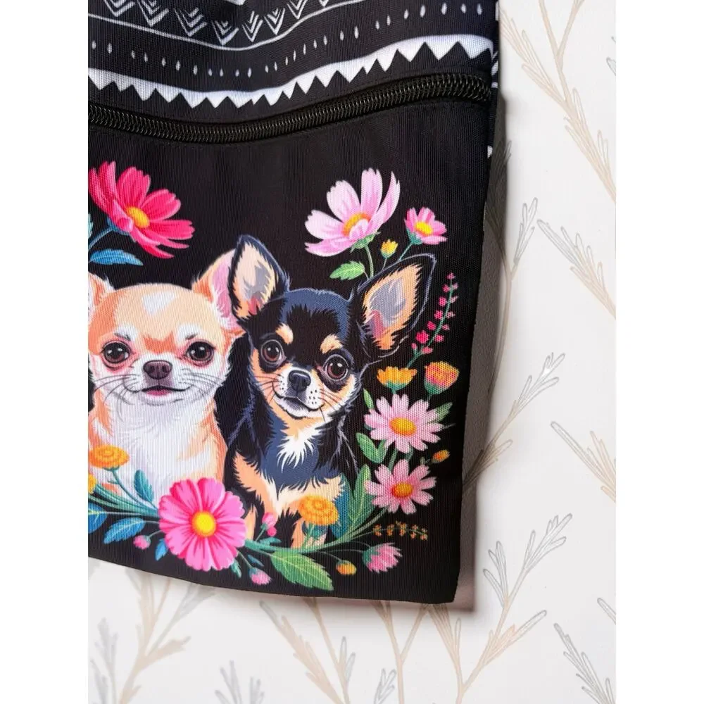 Chihuahua Crossbody Bag Black Floral Dog Purse Adjustable Strap Zipper Pocket